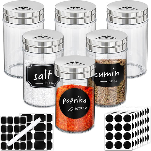 Segarty Glass Spice Jars with Labels, 6 Pack 3oz Glass Spice Bottles with 136 Blank Label Stickers and 1 Chalk Marker, Empty Spice Jars with Shake...