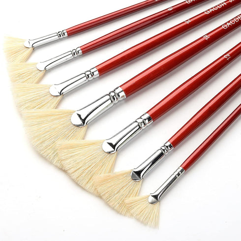 Fan Brush for Painting, 7 Pieces Fan Brush Set with Hog Bristle Natural Hair and Long Wood Handle, Professional Artist Fan Brushes for Acrylic Pai...