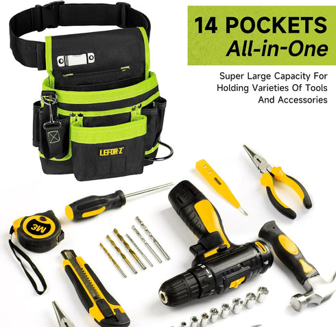 Tool Belt,Magnetic Tool Pouch,14-Pockets Tool Belts for Men,Detachable & Adjustable Tool Pouch belt for Electrician,Carpenter,Construction,Work Ap...