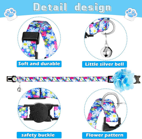 Weewooday 4 Pcs Spring Cat Collar for Girl Cats Gir Cat Collars Flower with Bell and Removable Floral Flower Patterns Adjustable Collar for Pets H...
