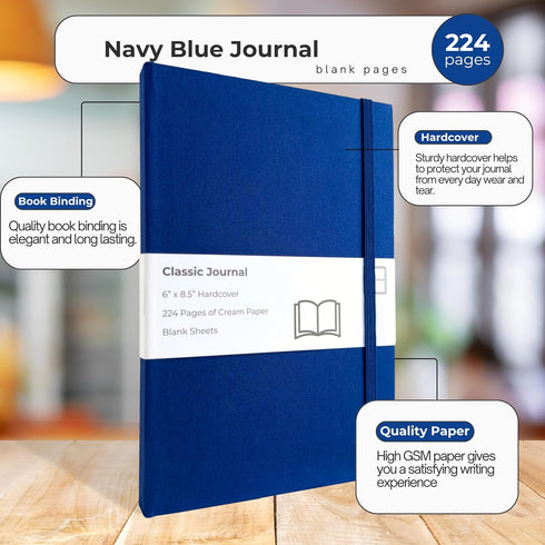 Portage Blank Hardcover Aesthetic Notebook Writing Journal – Bleed-Proof Paper Notepad for Journaling, High GSM, A5 Notebook, Cream Pages - Navy B...