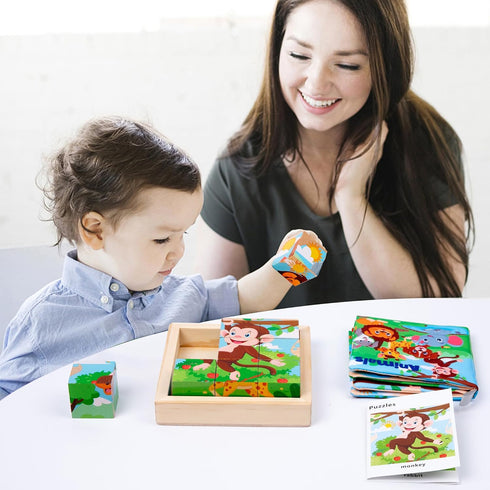 Wooden Animals Block Puzzles for Kids Ages 2-4 with Book, Jigsaw Puzzles Preschool Learning Educational Interactive Toys Gift for Boys Girls, Wood...