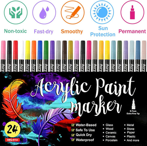 Acrylic Paint Pens for Rock Painting,Set of 24 Extra Fine Point Non-toxic Acrylic Paint Pen Paint Markers for Stone,Ceramic,Glass,Wood,Canvas,Fabr...