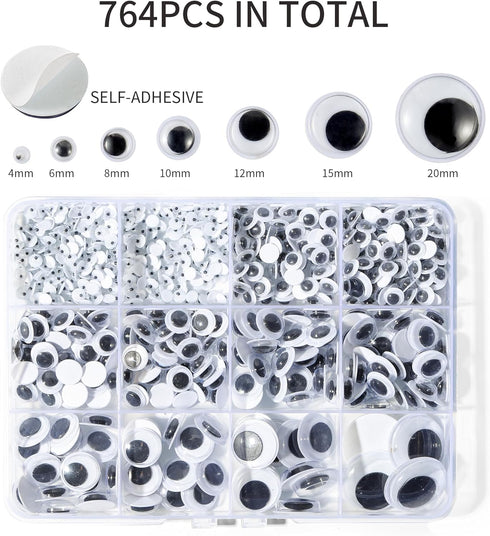 Bflaae 764pcs Black Wiggle Googly Eyes Self Adhesive, 4mm 6mm 8mm 10mm 12mm 15mm 20mm Large and Small Googly Eyes for Crafts...