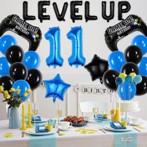 Video Game Birthday Party Set, Level Up 11 Video Game Balloons Controller Balloons Blue Black Stars Aluminum Foil Balloons Kit Decorations (11TH)...
