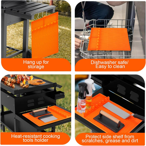 3 in 1 Grill Side Shelf Mat, Large Grill Tool Mat, Heat Resistant Silicone Spatula Mat, Silicone Utensil Rest with Drip Pad for Kitchen, Stovetop,...