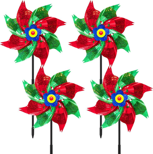 timecity 4 PCS Pinwheels Red Green Wind Spinners 9.5inch Sparkly Garden Pinwheel Reflective Windmills Scare Birds Animal Away Spinner for Yard and...