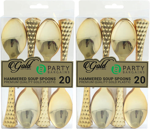 Party Bargains Disposable Hammered Cutlery Soup Spoons, 40 Count, Gold, Heavy Duty Plastic Flatware Cutlery Utensils, Excellent for Weddings, Birt...