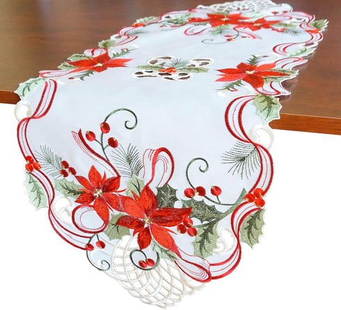 Holiday Christmas Table Runner 13"x34", Cutwork Embroidered Floral Christmas Flower Dresser Sacrf Table Topper for Home Dining Xmas Table Top Deco...