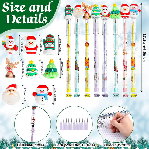 KIMOBER 24PCS Christmas Pencils,Xmas Multi Point Stackable Push Pencil with Santa Christmas Tree Snowman Elk for Kids Christmas Goodie Bag Fillers...
