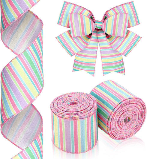 2 Rolls 20 Yards Spring Pastel Wired Edge Ribbon Easter Canvas Ribbon Horizontal Stripe Wired Ribbon Decorative Ribbon Easter Craft Ribbon for Wra...