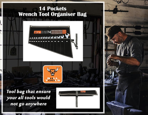 14 Pocket Wrench Pouch Metric & Standard Tool Set Organizer & Roll Up Hand Made PouchTool Bag of 100% Dyed Cotton Duck Canvas - Dyed Coal Black...