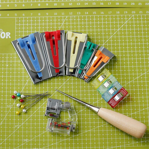 YICBOR Bias Tape Maker 6mm 9mm 12mm 18mm 25mm Fabric Bias Binding Maker with Binder foot Bradawl Quilting Clips Sewing Pins Kit (Bias Tape Maker(b...