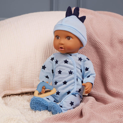 LullaBaby – 14" Baby Doll Clothing Set – Pajama Onesie Outfit – Hat With Soft 3D Spikes, Teether, Fuzzy Slippers – Imaginative Play – Toys For Kid...