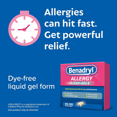 Benadryl Liqui-Gels Allergy Medicine, Dye-Free Liquid Gel Capsules with 25 mg of Diphenhydramine HCl Antihistamine for Relief of Allergy & Cold Sy...