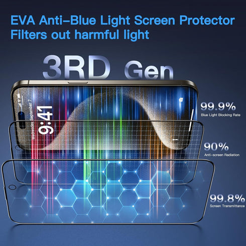 Uyiton Anti-Blue Light for iPhone 15 Pro Screen Protector - Unbreak-Glass Easy Fit Full Coverage Case Friendly Scratch Resistance 9H Tempered Glas...
