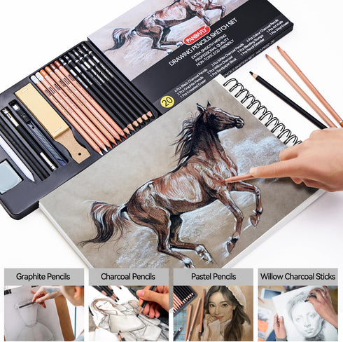 PANDAFLY Professional Colored Charcoal Pencils Drawing Set, 20 Pack Art Pencil Kit - Pastel Chalk Pencils, Black & White Charcoal Pencils, Graphit...