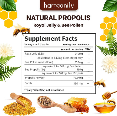 Bee Pollen Propolis Royal Jelly Extract with Carob, Pure Immune Support Supplement, Gluten-Free, Vegetarian Capsules, 1000 mg...
