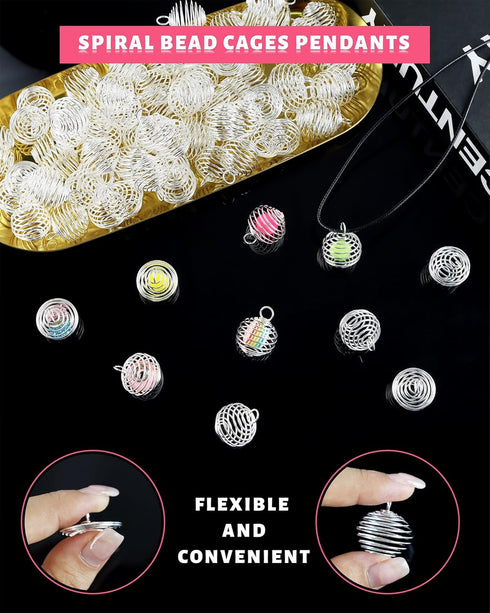 JIALEEY Spiral Bead Cages Pendants, 100 PCs 20x25mm Silver Plated Stone Holder Necklace Cage Pendants Findings for Jewelry Making and Crafting...