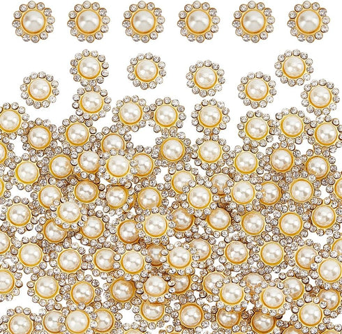 NBEADS 200 Pcs Crystal Pearl Buttons, Flower Claw Cup Rhinestones Gold Flatback Base Shiny Crystals Antique White Flower Faux Pearl Rhinestone Cra...