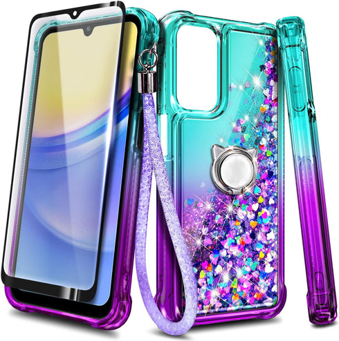 NZND Designed for Galaxy A15 Case, Samsung A15 4G/A15 5G Phone Case, Glitter Floating Liquid Waterfall Cute Case with Tempered Glass Screen Protec...