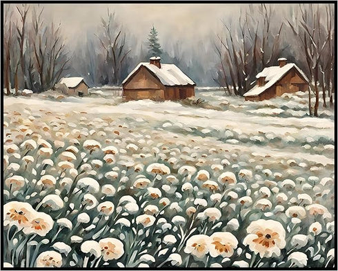 Posterizer 1 pcs-snowy winter flowers scene in oil painting style-4-Landscape & Nature Art-Floral & Botanical Art- Dining Room Decor- unframed wal...