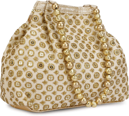 Indian Ethnic Designer Embroidered Silk Potli Bag Batwa Pearls Handle Purse (Golden-3)...