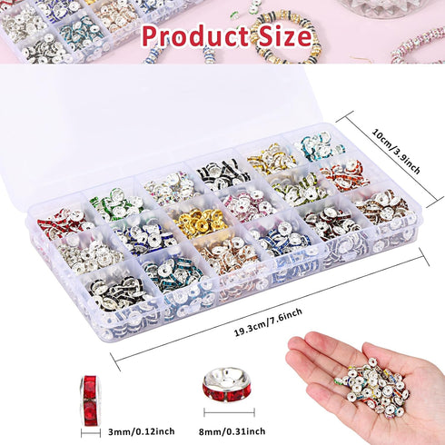 QUEFE 1170Pcs Rhinestone Spacer Beads for Jewelry Making, Rondelle Crystal 8mm Bead for Necklaces, Focal Beads for Pen, Bracelet Pendants (18 Colo...