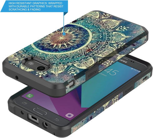 Rosebono Dual Layer Shockproof Hard Cover Graphic Case for Galaxy J7 - SM-J727 (Green Mandala)...