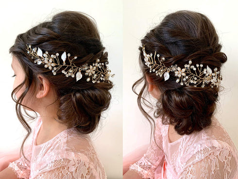 SWEETV Flower Girl Headband for Wedding, Baby Girl Flower Pearl Hair Piece, Gold Headpiece for Birthday Party, Photography...