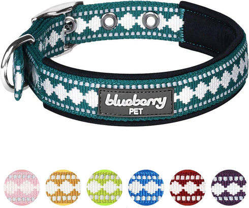 Blueberry Pet Soft & Safe 3M Reflective Jacquard Neoprene Padded Adjustable Dog Collar with Metal Buckle - Teal Blue, Neck 17-20.5", for Large Bre...
