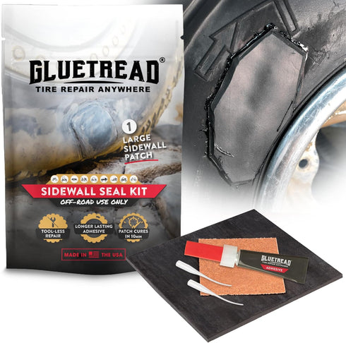 GlueTread Sidewall Tire Repair Kit - Off-Road Tire Patch Kit for ATV and UTV Tires - Includes 4"x4.5"x3/16" Patch, Adhesive Glue, Sandpaper & Inst...