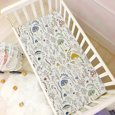 Fitted Crib Sheets Wild Plants Mushroom Stretchy Portable Playard Sheets for Baby Toddler, Breathable Soft Mini Crib Mattress 39 x 27 in for Boys ...