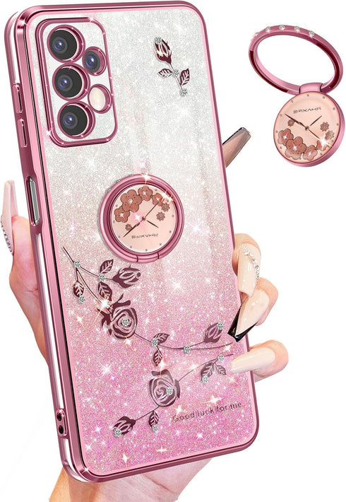 Likiyami (3in1 for Samsung Galaxy A32 5G Case for Women Girls Glitter Girly Cute Bling Flowers Phone Cases with Ring Stand Unique Design Sparkle F...
