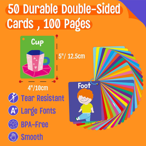 50 PCS Kid First Cognitive Flashcards,Double Sided Printed 7 in 1 Colorful Cards Alphabet,Numbers, Foods,Animals,Shapes,Colors with 3 Reclosable R...