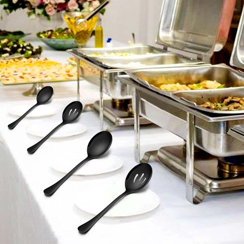 Homikit Stainless Steel 2 Black Serving Spoons, 2 Black Slotted Serving Spoons, 2 Black Serving Forks, Metal Buffet Party Banquet Restaurant Cater...