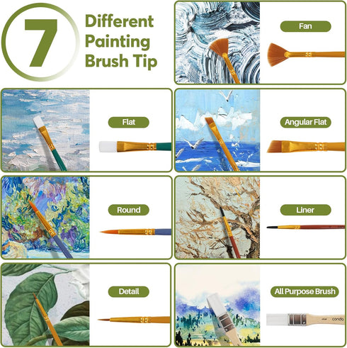 CONDA Paint Brushes Set of 50 Pieces Wooden Handles Brushes, Different Shapes Professional Art Paint Brushes for Oil, Acrylic Canvas and Watercolo...