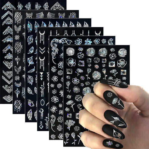 10 Sheets Flower Nail Stickers Silver Nail Decals 3D Self Adhesive Leaf Nail Art Stickers Holographic Laser Nail Designs Nail Art Supplies for Wom...