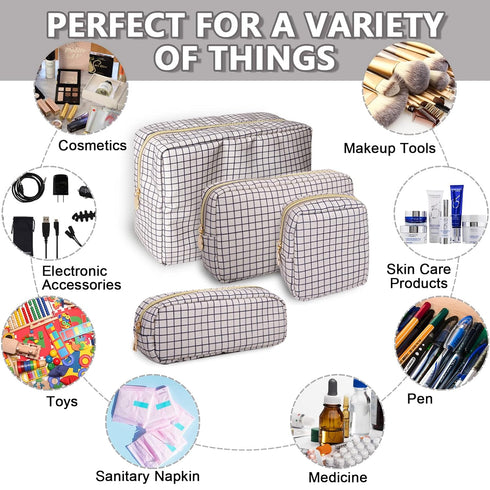 Waterproof Large Makeup Bag Pouch,Nylon Women Travel Toiletry Storage Bag Checkered Cosmetic Bag for Girls,Big Preppy Makeup Organizer Bag Zipper ...