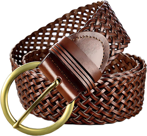 2 Inch Wide Leather Braided Belts for Women 100% Hand Made Soft Woven Waistbands with Round Golden Pin Buckle...