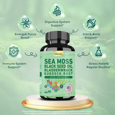 Organic Sea Moss Supplement, Sea Moss 8000mg Black Seed Oil 6000mg Bladderwrack 5000mg Burdock 4000mg Turmeric VC D3 Elderberry ACV Black Pepper C...