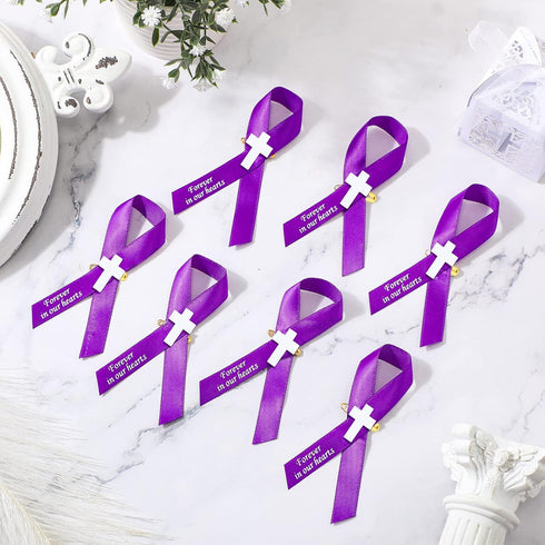 100 Pcs Cross Funeral Ribbons Memorial Ribbon Memorial Service Respect Ribbon Bow with Safety Pin for Mourning (Purple)...