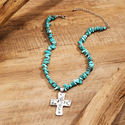 Silver Cross Pendant Turquoise Chain Choker Necklace for Women...