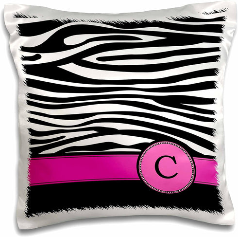 3dRose pc_154274_1 Letter C Monogrammed Black and White Zebra Stripes Animal Print with Hot Pink Personalized Initial Pillow Case, 16" x 16"...