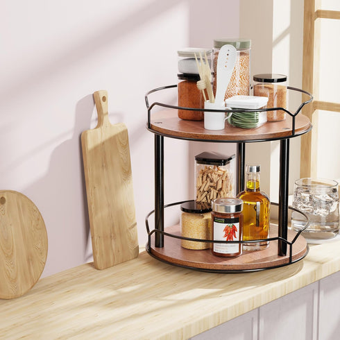 Lazy Susan Organizer 2 Tier - Turntable Spice Rack for Table Top, Wooden Rotating Lazy Susan for Cabinet Pantry Kitchen Countertop Dining Table Cu...