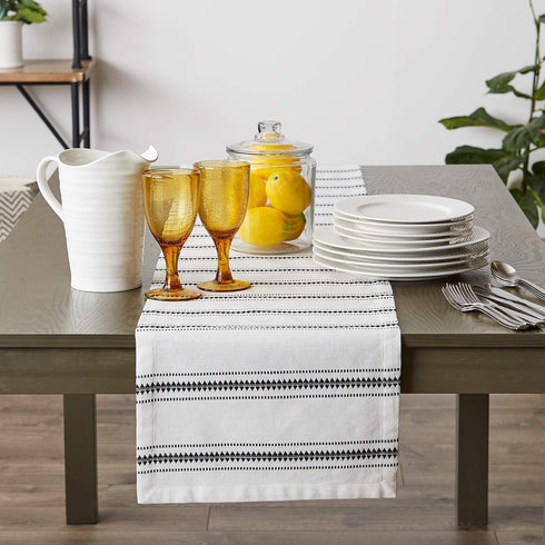 DII Zig Dobby Tabletop Collection, White Cotton Background with Embellished Stripe, Table Runner, 14x108, Black...