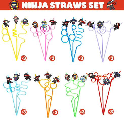 24 Ninja Drinking Crazy Straws for Kids | Ninja Themed Warrior Birthday Party Supplies Favors Decorations with 24 PVC Charm, 2 Cleaning Brushes Re...