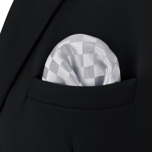 S&W SHLAX&WING Mens Pocket Square Satin Light Grey Silver Off White Checkered Rhomibic for Suit Jacket...