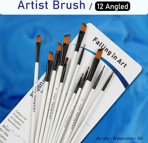 Falling in Art Paint Brushes Set, 12 PCS Nylon Professional Angled Paint Brushes for Watercolor, Oil Painting, Acrylic, Face Body Nail Art, Crafts...