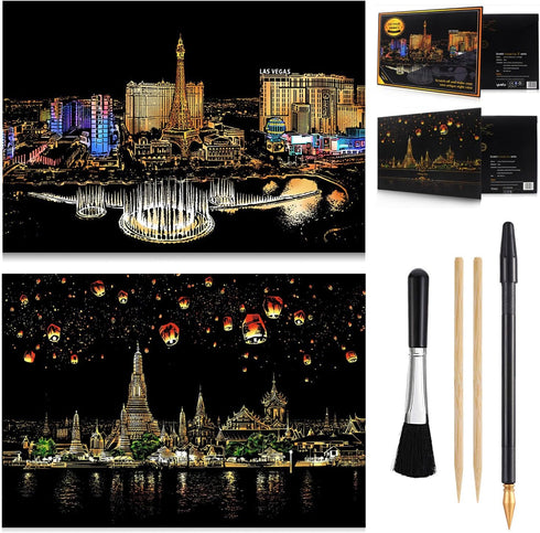 MIASTAR Scratch Painting Kits for Adults & Kids, Craft Art Set, Rainbow Scratch Art Painting Paper, Sketch Pad DIY Night View Scratchboard, 16'' x...